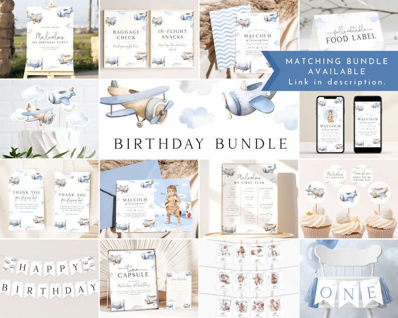 Pu&ograve; includere: Un set di festa di compleanno stampabile con un tema di aereo blu e bianco. Il set include inviti, biglietti di ringraziamento, etichette per il cibo, uno striscione, una capsula del tempo e decorazioni per cupcake. Il testo "Malcolm's First Year" e "Happy Birthday" sono inclusi nel design.