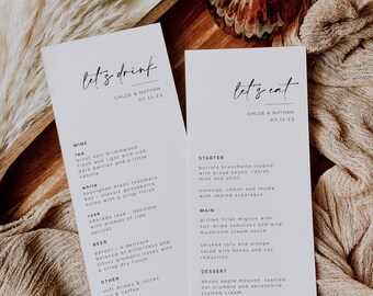 May include: A white card with black text listing a wedding menu. The menu is titled "Let's Eat" and includes a starter, main course, and dessert. The starter is burrata bruschetta topped with broad beans, radish, mint and chili. The main course is grilled fillet mignon with sun-dried tomatoes and wild mushroom cream sauce. The dessert is Devon apple mousse, toasted oat crumble and Devonshire clotted cream.