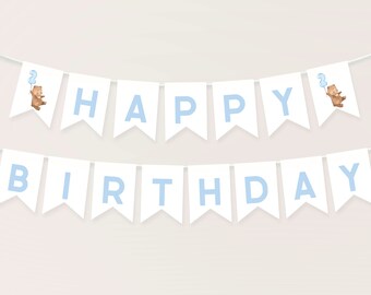 May include: White banner with blue letters spelling "Happy Birthday" with two brown bears holding blue balloons with the number "2" on them.