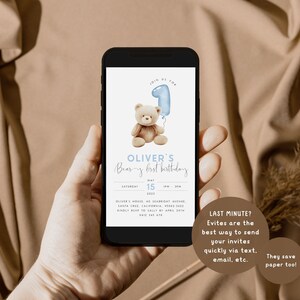 May include: A digital invitation for a baby's first birthday party. The invitation features a cartoon teddy bear holding a blue balloon shaped like the number one. The text on the invitation reads "Join us for Oliver's Bear-y First Birthday, Saturday, May 15, 2023, 1 PM - 3 PM".