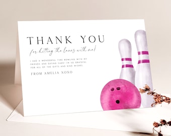 Bowling Thank You Card Editable Template Bowling Party Birthday Thank You Card Kids Bowling Birthday Party Folded Tent Card Gift Tag DIY BW2