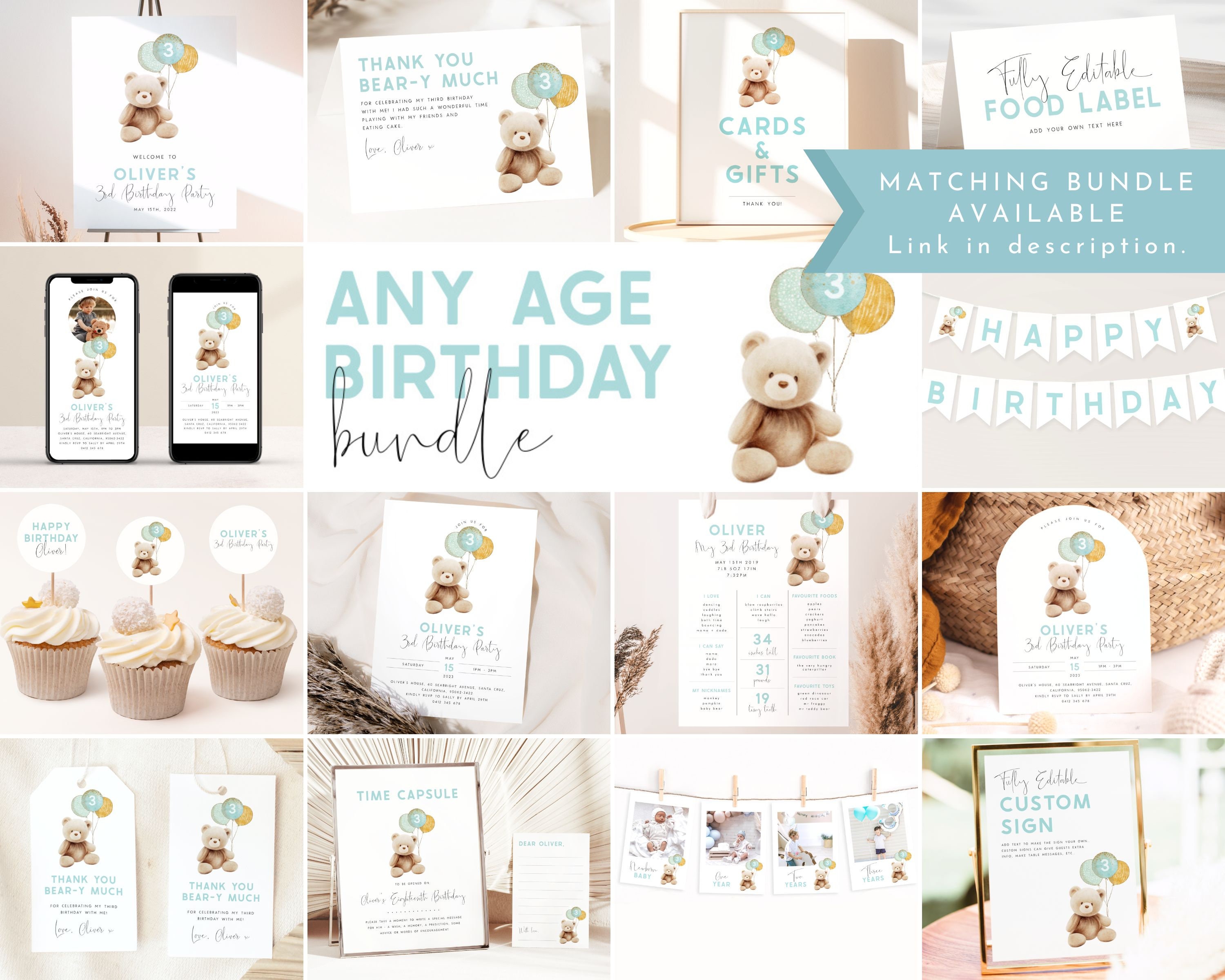 Bear Happy Birthday Banner Template. Editable Beary 3rd Birthday Boy ...