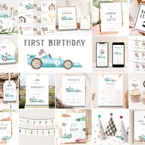 Fast One Race Car Bundle First Birthday Bundle Vintage Race Car 1st Birthday Invitation Bundle Race Car Party Decor Editable Template BC1 R7