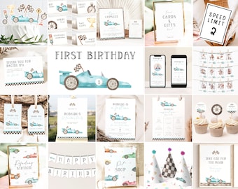 Fast One Race Car Bundle First Birthday Bundle Vintage Race Car 1st Birthday Invitation Bundle Race Car Party Decor Editable Template BC1 R7