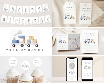 Chugga Chugga Two Two Birthday Bundle Set. Editable Template Set Train 2nd Birthday Party Package Choo Choo Train Invitation for Boys, T1