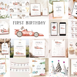 Fast One Race Car Bundle First Birthday Bundle Vintage Race Car 1st Birthday Invitation Bundle Race Car Party Decor Editable Template RC1 R7