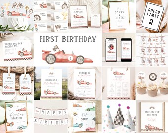 Fast One Race Car Bundle First Birthday Bundle Vintage Race Car 1st Birthday Invitation Bundle Race Car Party Decor Editable Template RC1 R7