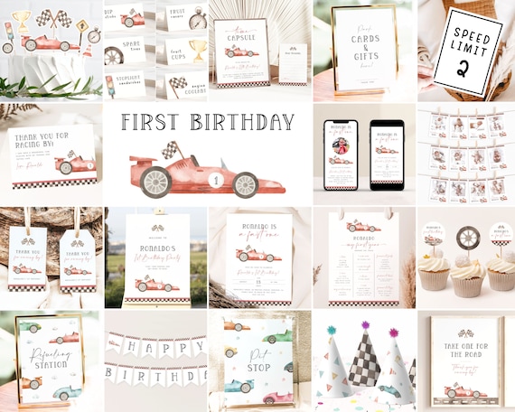 Fast One Race Car Bundle First Birthday Bundle Vintage Race Car 1st Birthday Invitation Bundle Race Car Party Decor Editable Template RC1 R7