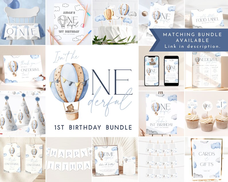 Op de afbeelding: Een blauwe en bruine luchtballon met een teddybeer in de mand. De ballon is omringd door wolken en de tekst "Isn't he one-derful" is geschreven in een blauw en wit lettertype. De tekst "1st Birthday Bundle" staat onder de ballon.