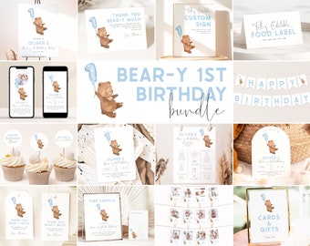 May include: A printable set of 1st birthday party decorations featuring a cute cartoon bear with a blue balloon. The set includes a welcome sign, invitation, thank you tags, food labels, a banner, cupcake toppers, a time capsule, and a cards and gifts sign. The theme is "Bear-y 1st Birthday".