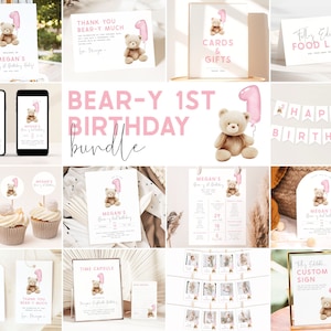 Bear 1st Birthday Bundle. Beary First Birthday Party Bundle Pink Teddy Bear Invitation Bundle Bear Birthday for Girls Template Bundle, PB1
