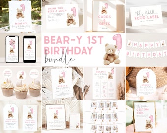 Bear 1st Birthday Bundle. Beary First Birthday Party Bundle Pink Teddy Bear Invitation Bundle Bear Birthday for Girls Template Bundle, PB1