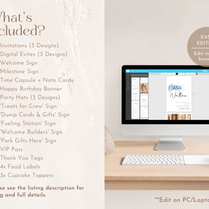 May include: A computer screen displaying a digital invitation template for a birthday party. The template features a light blue and brown colour scheme with the text "Chloe Nathan" in a handwritten font. The text "Easy Editing" is displayed in a circle on the right side of the screen. The text "Edit in your browser" is displayed below the circle. The text "Edit on PC/Laptop only" is displayed at the bottom of the screen.