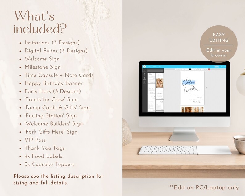 May include: A computer screen displaying a digital invitation template for a birthday party. The template features a light blue and brown colour scheme with the text "Chloe Nathan" in a handwritten font. The text "Easy Editing" is displayed in a circle on the right side of the screen. The text "Edit in your browser" is displayed below the circle. The text "Edit on PC/Laptop only" is displayed at the bottom of the screen.