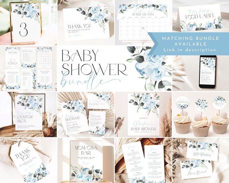 Blue Baby Shower Cupcake Toppers Boy. Boho Blue Floral Baby Etsy