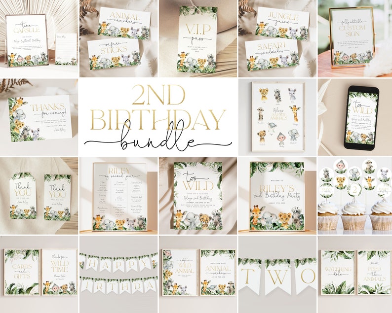 May include: A printable 2nd birthday party bundle with a jungle animal theme. The bundle includes invitations, thank you cards, food labels, a welcome sign, a banner, cupcake toppers, and more. The design features a watercolor style with green leaves, gold accents, and cute animal illustrations.