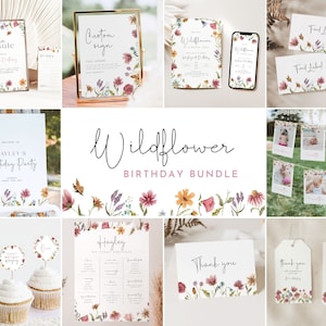 Wildflower Birthday Bundle, Wildflower Invitation 1st First Birthday Bundle Floral Wildflower Birthday Invitation for Girls Party Set - W1