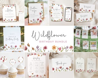 Wildflower Birthday Bundle, Wildflower Invitation 1st First Birthday Bundle Floral Wildflower Birthday Invitation for Girls Party Set - W1