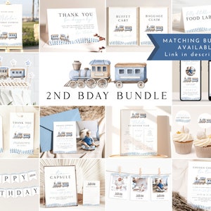 Peut inclure: Un lot de fichiers imprimables sur le th&egrave;me du train bleu et marron pour un deuxi&egrave;me anniversaire. Le lot comprend une pancarte de bienvenue, des cartes de remerciement, des &eacute;tiquettes alimentaires, des d&eacute;corations de cupcakes, une capsule temporelle, une banni&egrave;re d'anniversaire et plus encore.