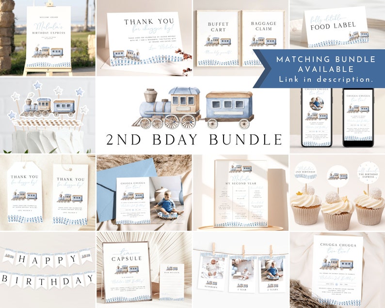 Peut inclure: Un lot de fichiers imprimables sur le th&egrave;me du train bleu et marron pour un deuxi&egrave;me anniversaire. Le lot comprend une pancarte de bienvenue, des cartes de remerciement, des &eacute;tiquettes alimentaires, des d&eacute;corations de cupcakes, une capsule temporelle, une banni&egrave;re d'anniversaire et plus encore.