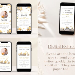 May include: Digital invitation for a first birthday party with a construction theme. The invitation features a photo of a baby boy in a yellow construction hat, along with illustrations of construction vehicles and the text "Stop the traffic & close the road. Scott is turning one year old!"