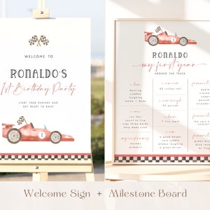 K&ouml;nnte beinhalten: Ein Willkommens-Schild und eine Meilenstein-Tafel f&uuml;r eine erste Geburtstagsfeier. Das Willkommens-Schild zeigt ein rotes Rennwagen mit einer karierten Flagge und dem Text "Willkommen zu Ronaldo's 1st Birthday Party. Start your engines and get ready to race!" Die Meilenstein-Tafel zeigt ein rotes Rennwagen mit dem Text "Ronaldo my first year around the track". Die Tafel listet Meilensteine wie "Ich liebe", "Ich kann", "Ich bin", "Meine Spitznamen", "Ich kann", "Ich bin", "Ich kann", "Meine Favoriten", "Meine Favoriten", "Meine Favoriten" auf.