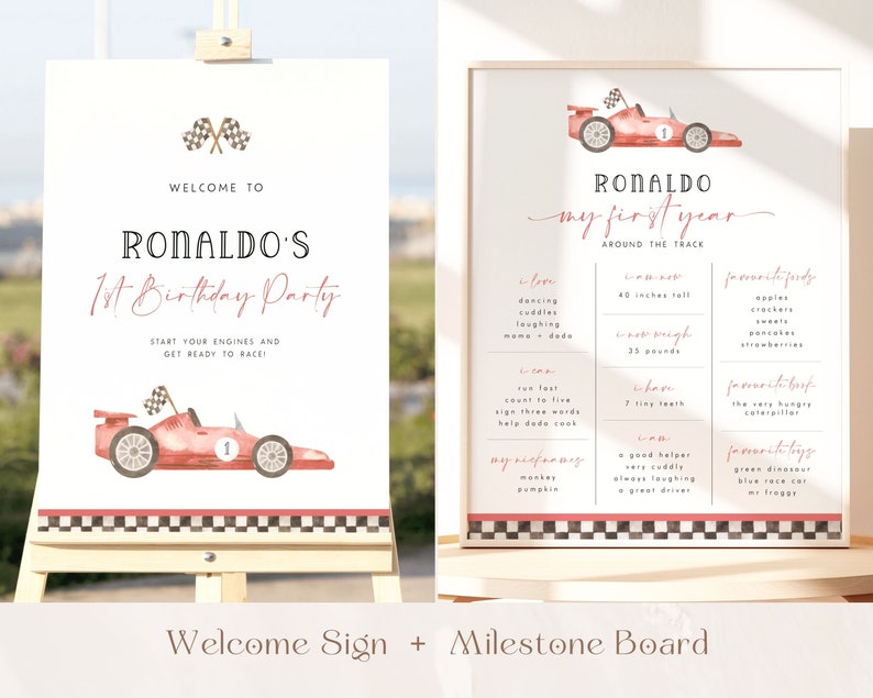 K&ouml;nnte beinhalten: Ein Willkommens-Schild und eine Meilenstein-Tafel f&uuml;r eine erste Geburtstagsfeier. Das Willkommens-Schild zeigt ein rotes Rennwagen mit einer karierten Flagge und dem Text "Willkommen zu Ronaldo's 1st Birthday Party. Start your engines and get ready to race!" Die Meilenstein-Tafel zeigt ein rotes Rennwagen mit dem Text "Ronaldo my first year around the track". Die Tafel listet Meilensteine wie "Ich liebe", "Ich kann", "Ich bin", "Meine Spitznamen", "Ich kann", "Ich bin", "Ich kann", "Meine Favoriten", "Meine Favoriten", "Meine Favoriten" auf.