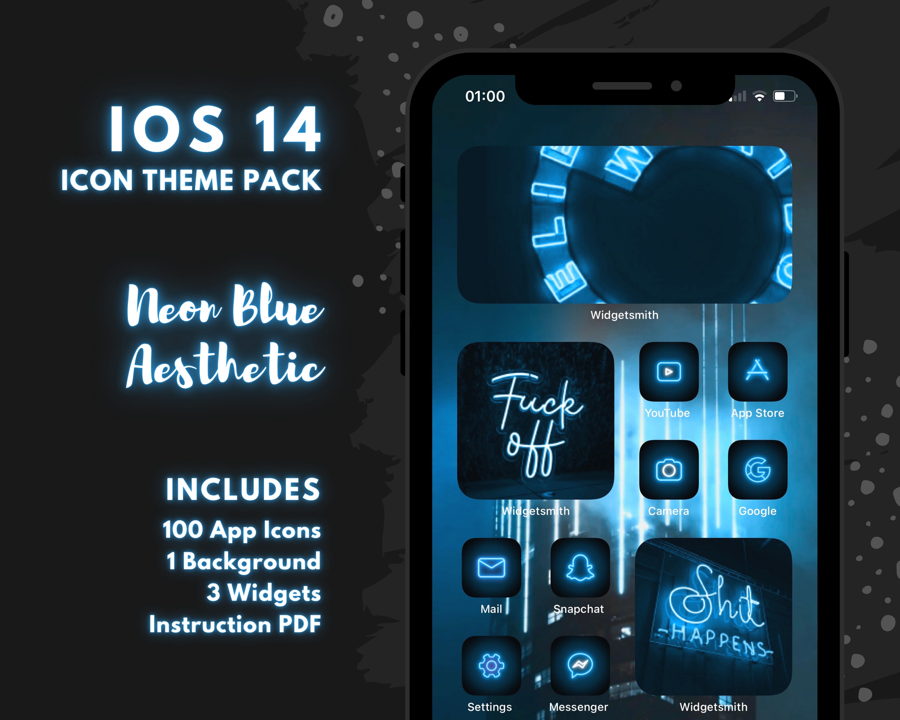 Neon Blue Aesthetic Ios 14 Icons Iphone Background Neon Ios Etsy