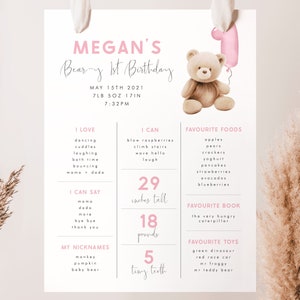 Bear 1st Birthday Milestone Sign Editable Template Beary First Birthday Girl Milestone Poster Pink Teddy Bear Birthday Milestone Board, PB1