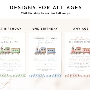 Peut inclure: Trois invitations d'anniversaire imprimables sur le th&egrave;me du train. La premi&egrave;re invitation est pour un 1er anniversaire et pr&eacute;sente un train vert et marron. La deuxi&egrave;me invitation est pour un 2e anniversaire et pr&eacute;sente un train bleu et marron. La troisi&egrave;me invitation est pour tous les &acirc;ges et pr&eacute;sente un train rose et marron. Les trois invitations comportent le texte "All aboard the birthday express!" et le nom "Malcolm".