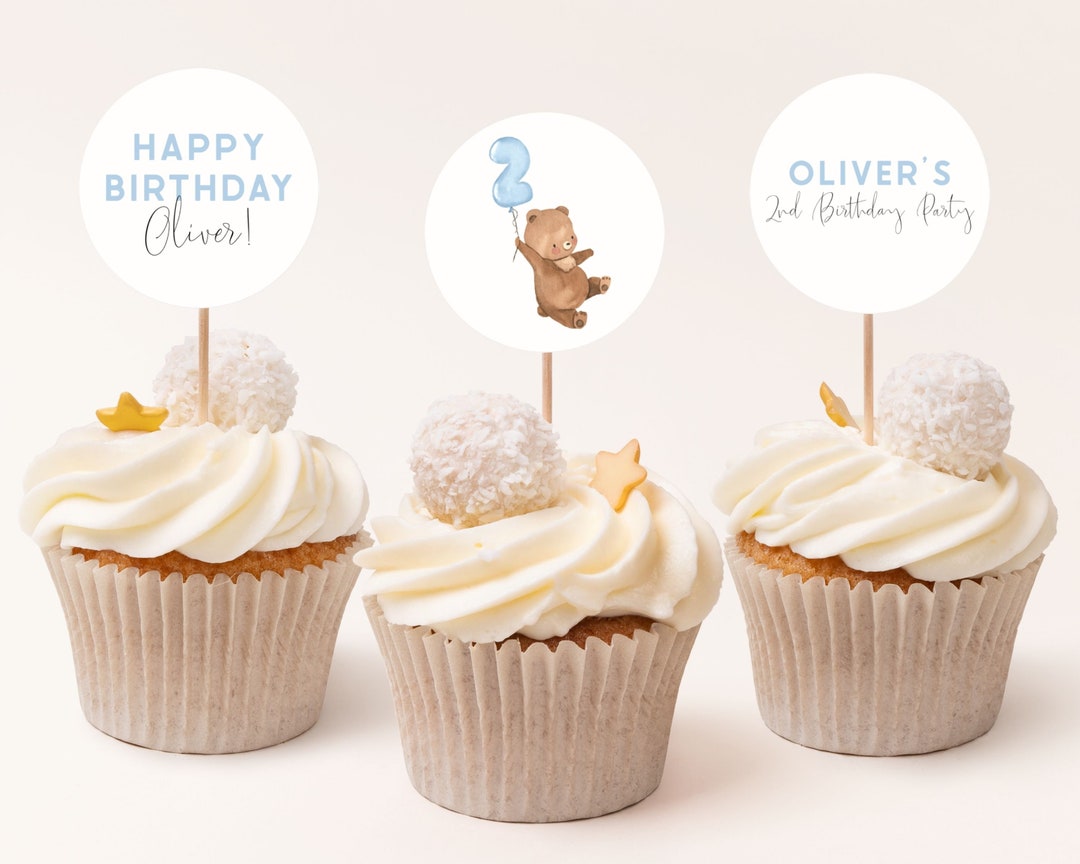 Bear 2nd Birthday Cupcake Toppers Template. Editable Beary 2nd Birthday ...