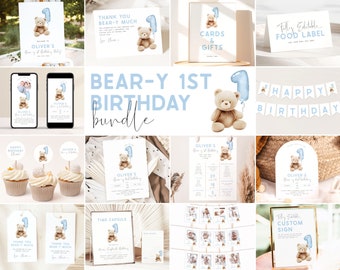 Bear 1st Birthday Bundle. Beary First Birthday Party Bundle Blue Teddy Bear Invitation Bundle Bear Birthday for Boys Template Bundle, BB1