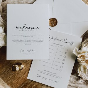 May include: A white wedding invitation with a gold wax seal. The invitation features a welcome message, the couple's names, and a schedule of weekend events. The text reads "Welcome Friends & Family, Our Wedding Day, Chloe & Nathan, Weekend Events, The Wedding Day, Ceremony, Photos, Dinner, Music & Dancing, Send Off, The Morning After".