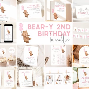 Bear 2nd Birthday Bundle. Beary Second Birthday Party Bundle Pink Teddy Bear Invitation Bundle Bear Birthday for Girls Template Bundle, PB5