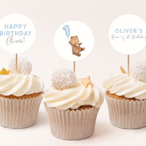 Bear 1st Birthday Cupcake Toppers Template. Editable Beary First Birthday for Boys Cupcake Toppers Blue Teddy Bear Birthday Boy Balloons BB4