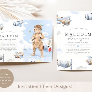 May include: Blue and white airplane themed first birthday party invitation with a photo of a baby boy wearing a pilot hat and holding a toy airplane. The invitation says "Malcolm is turning one!" and includes the date, time, and location of the party.