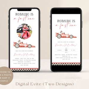 K&ouml;nnte beinhalten: Eine digitale Einladung zu einer ersten Geburtstagsfeier mit einem roten Rennwagen-Thema. Die Einladung zeigt ein Foto eines Kindes in einem roten Rennwagen, den Text "Ronaldo ist ein schneller", und Details zur Party, einschlie&szlig;lich Datum, Uhrzeit und Ort.