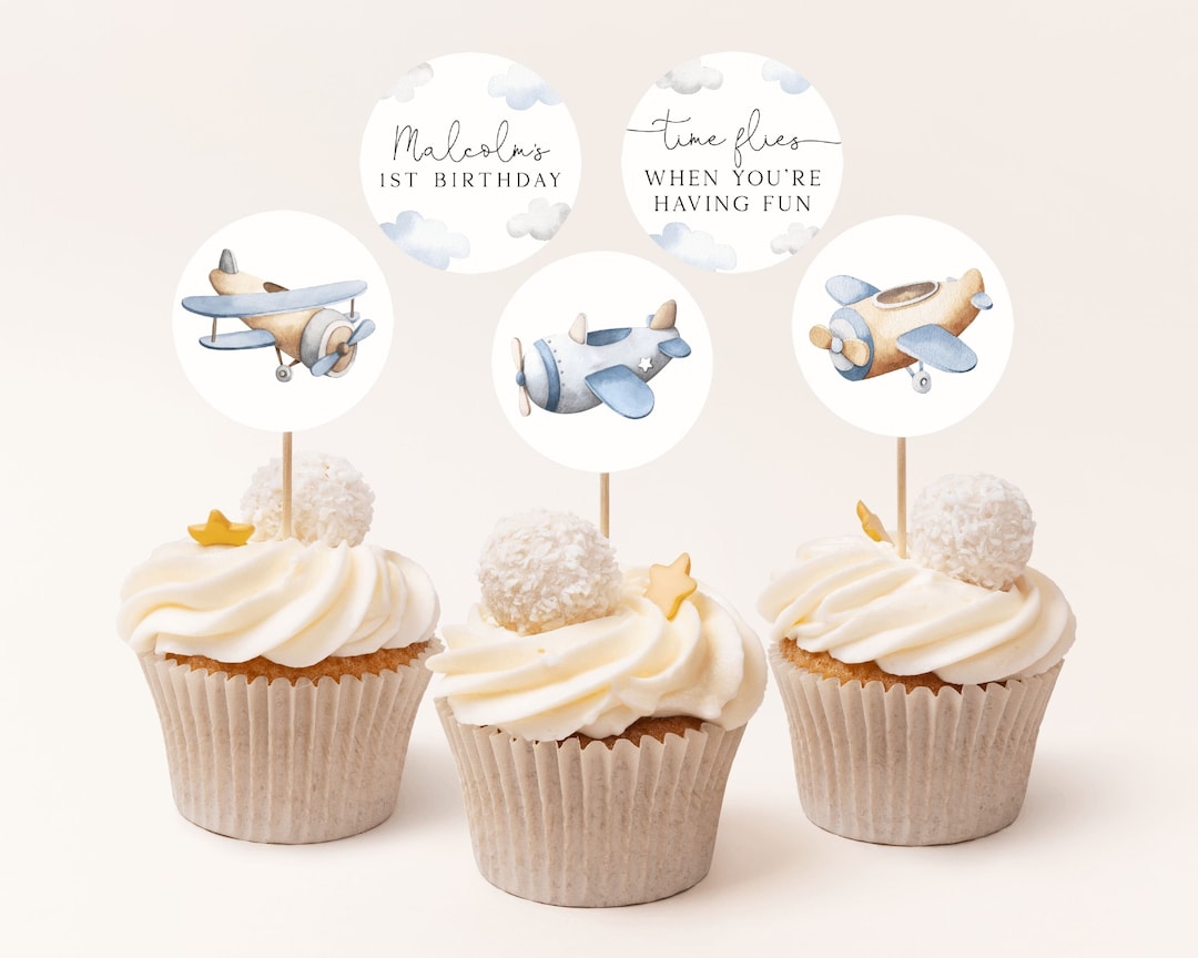 Airplane Birthday Cupcake Toppers Template. Editable Airplane 1st ...