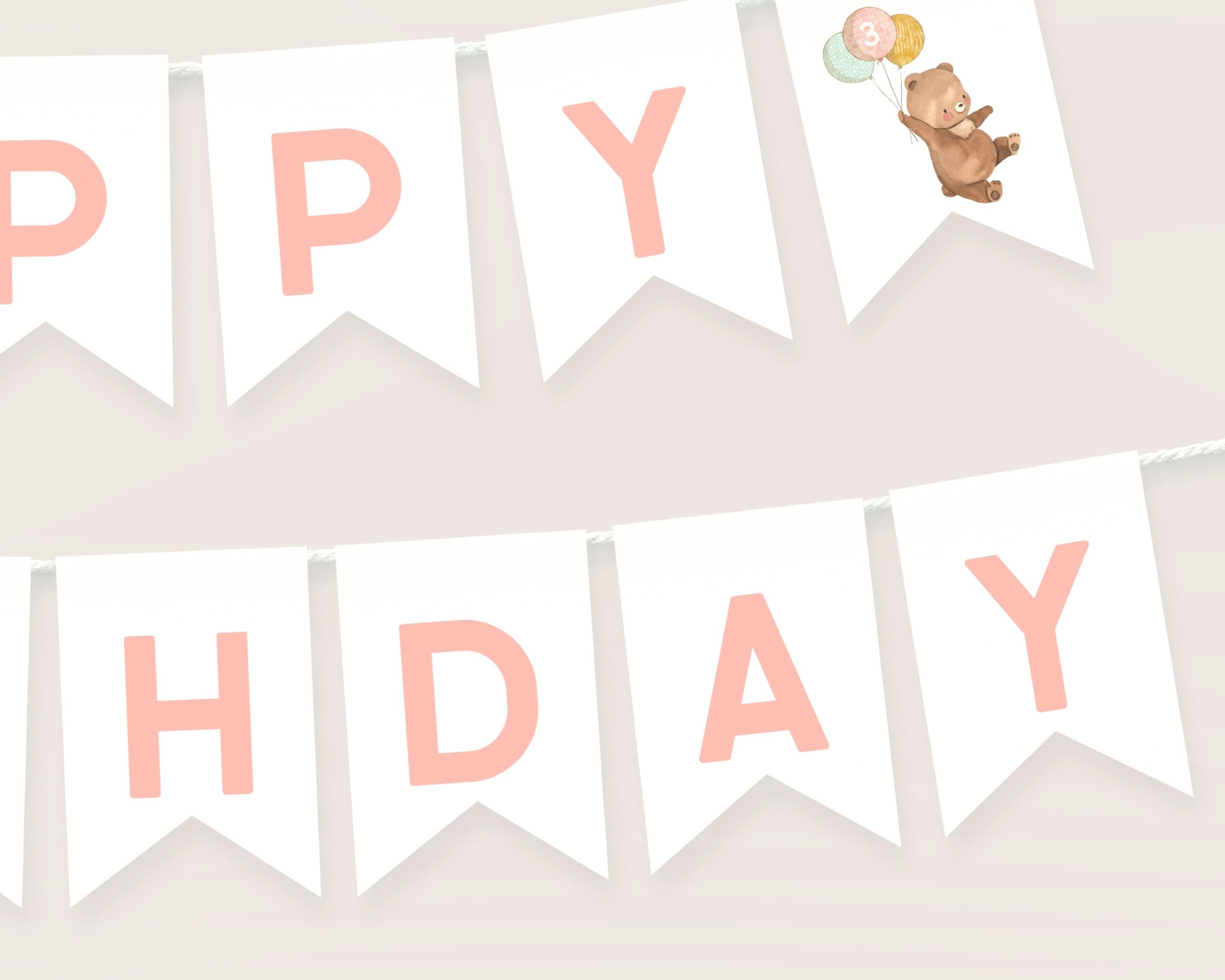 Bear Happy Birthday Banner Template Editable Beary 3rd Birthday Girl ...
