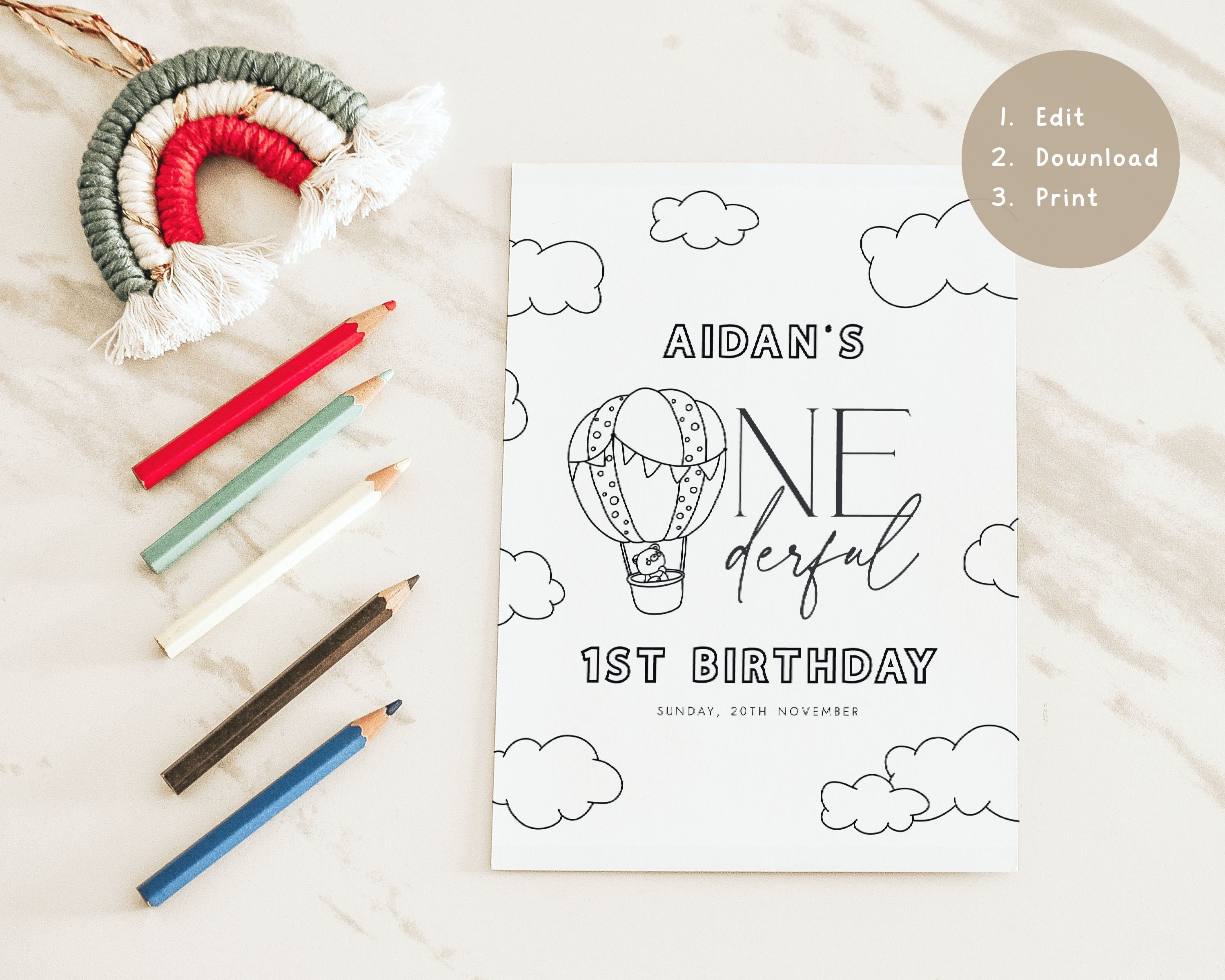 Editable Coloring Page Template. Onederful Birthday Party Activity Game ...
