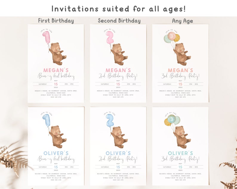 Bear Happy Birthday Banner Template Editable Beary 3rd Birthday Girl ...