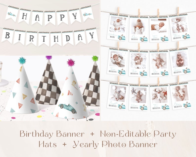 Może przedstawiać: Zestaw drukowanych dekoracji na przyjęcie z okazji pierwszych urodzin dziecka. Zestaw zawiera baner z napisem &bdquo;Happy Birthday&rdquo;, cztery czapki imprezowe o r&oacute;żnych wzorach oraz baner ze zdjęciami z 12 ramkami na miesięczne zdjęcia. Baner ze zdjęciami ma wz&oacute;r w kratkę, a każda ramka ma wz&oacute;r niebieskiego samochodu z nadrukowaną liczbą miesięcy.