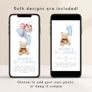 May include: Two printable invitation designs for a first birthday party. The first design features a photo of a baby boy holding a blue balloon with a teddy bear. The second design features a teddy bear holding a blue balloon. Both designs include the text "Oliver's Bear-y First Birthday" and party details.