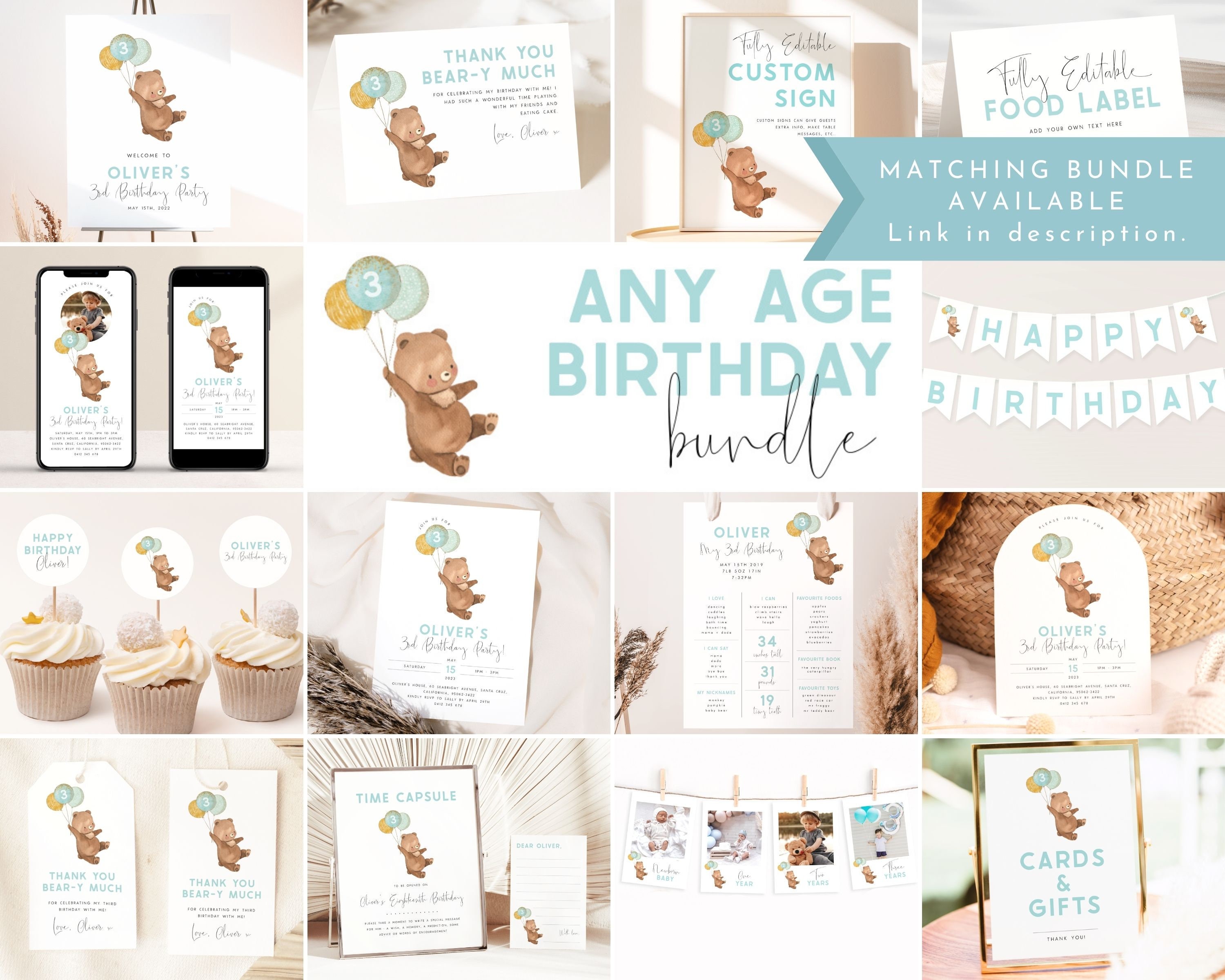 Bear Happy Birthday Banner Template. Editable Beary 3rd Birthday Boy ...