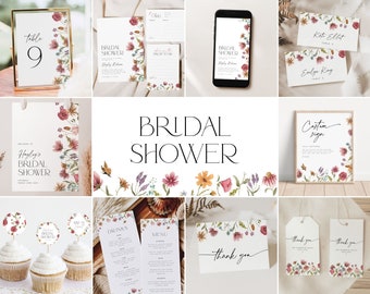 Wildflower Bridal Shower Bundle, Wildflower Invitation Printable Bridal Shower Editable Bundle Floral Invitation Bridal Brunch Party Set, W3