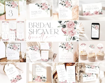 Blush Pink Bridal Shower Bundle. Pink Floral Bridal Shower Invite Bundle Pink Bridal Shower Printable Invite Evite Editable Party Bundle PF4