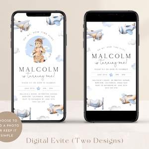 May include: Two digital invitations for a baby boy's first birthday party. The invitations feature a blue and white airplane theme with clouds and stars. The text on the invitations reads "Oh my, how time flies! Malcolm is turning one! Please fly on over to celebrate." The invitations also include the date, time, and location of the party.