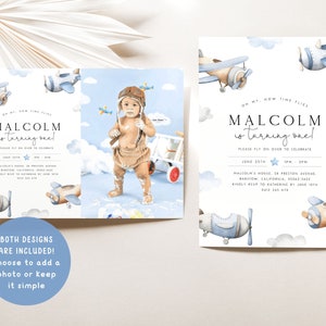 Pu&ograve; includere: Due inviti per la festa di primo compleanno a tema aereo, in blu e bianco. Un invito presenta una foto di un bambino in costume da pilota. Il testo dell'invito recita "Malcolm compie un anno!" e include la data, l'ora e il luogo della festa. L'altro invito presenta un'illustrazione ad acquerello di aerei e nuvole. Il testo dell'invito recita "Malcolm compie un anno!" e include la data, l'ora e il luogo della festa.
