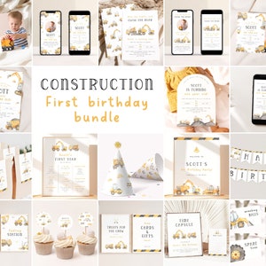 Construction Birthday Bundle. Editable Construction Party Bundle 1st Birthday Package Construction Invitation Dump Truck Builder for Boys C1