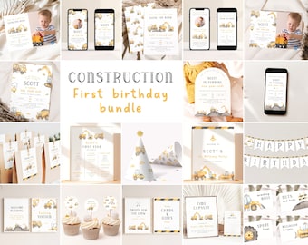 Construction Birthday Bundle. Editable Construction Party Bundle 1st Birthday Package Construction Invitation Dump Truck Builder for Boys C1